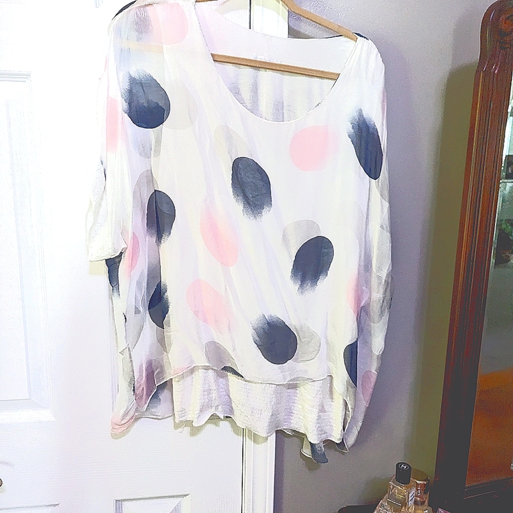 Silk Tunic, white with pink and navy large polka dots, and with sequin trim